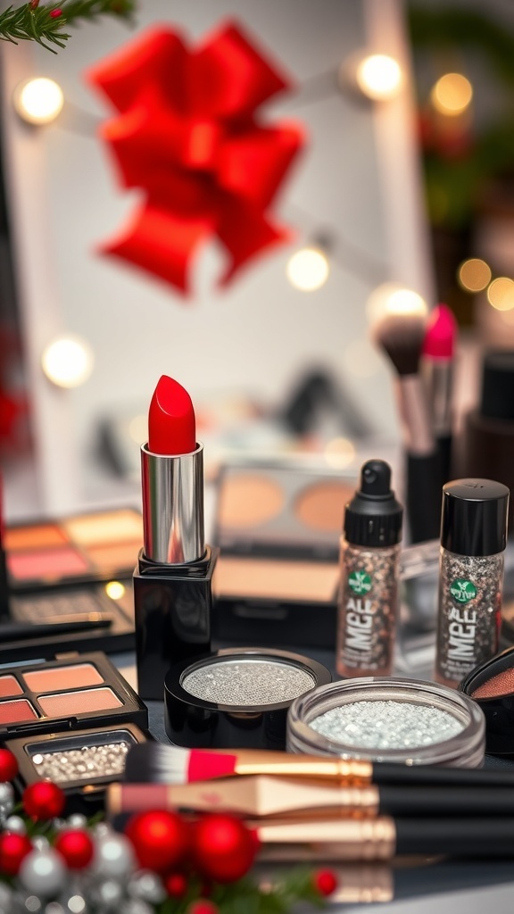 A festive makeup setup with red lipstick, glitter eyeshadows, and brushes on a decorated vanity.